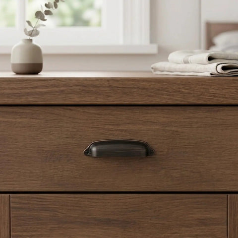 10 Pack 3 3 4 Inch Cup Pulls Oil Rubbed Bronze Cabinet Handles Zinc Alloy Heavy Duty on wooden drawer