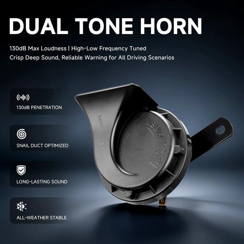 Rock Solid Premium 12V Air Horn Kit For Trucks With Dedicated Push Button And Full Relay Harness For Quick Plug And Play Swap On Any Heavy Duty Pickup Or Semi Rig, dual tone horn, 130dB max loudness.