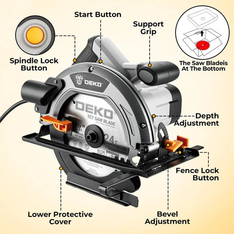 Professional Grade 7 1 4 Inch Circular Saw Featuring A Robust 1600 Watt Motor And 11 7 Amps Of Kick Ass Cutting Power For Heavy Duty Woodworking Projects At 6100 Rpm Lightweight Portable Design showing control buttons and features.
