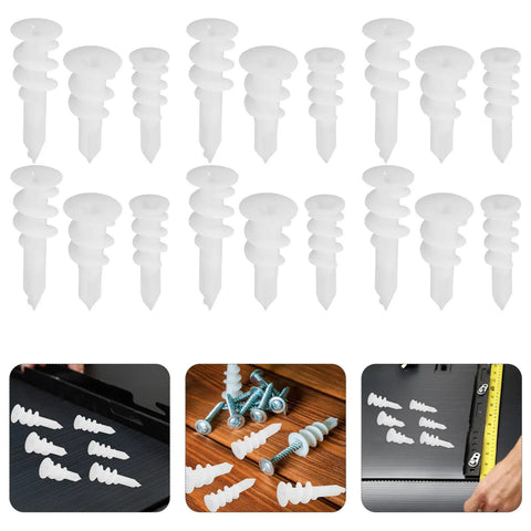 300 Pack White Drywall Anchors Kit DIY Ready Self Drilling Heavy Duty Wall Hangers For Picture Hanging And Repairs shown on surfaces