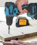 Heavy Duty Cordless Drill Driver Delivers Kickin Torsion Power Dual Speed Settings Built In Led Lamp And Grippy Ergonomic Handle For Tough Wood Tile Steel Jobs in use, drilling screw into wood.