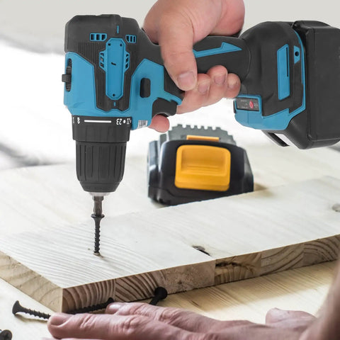 Heavy Duty Cordless Drill Driver Delivers Kickin Torsion Power Dual Speed Settings Built In Led Lamp And Grippy Ergonomic Handle For Tough Wood Tile Steel Jobs in use, drilling screw into wood.