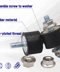 Top Shelf Rubber Vibration Isolator Mounts Eight Piece Kit Featuring M4 X 10mm Threads and 15 X 10mm Base with zinc-plated bolts.