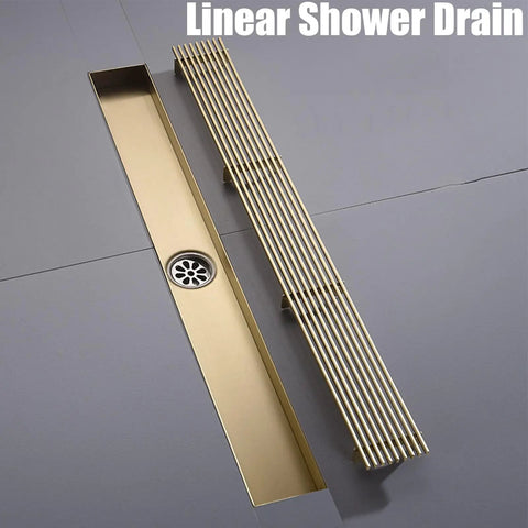 Rectangular Shower Drain with Hair Strainer and Stainless Steel Grate for Bathroom Floor Featuring Linear Design shown from above.