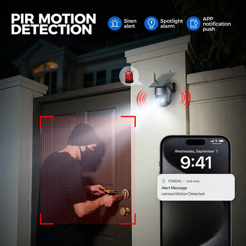 Motion detection alert by 2K 360 Degree Solar Wireless Outdoor Security Camera With Color Night Vision, Motion Detection, 2 Way Audio, Spotlight Siren Alarm, SD And Cloud Storage For Home Security