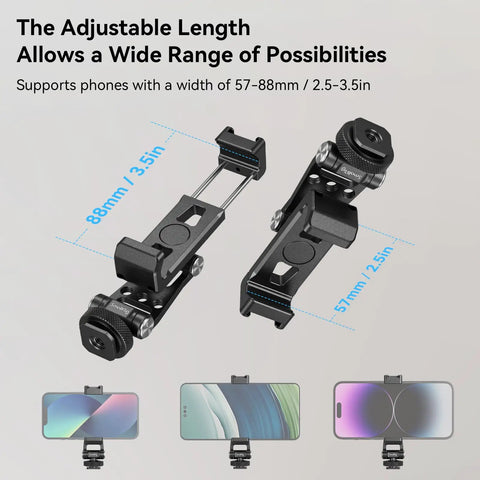 Bangin Universal Phone Holder Mount With Cold Shoe And Quick Release Clamp Rock Steady For Professional Cameras And Heavy Duty Tripods showing adjustable clamp for 57-88mm phones.