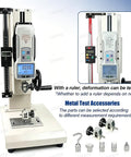 Straight Up Heavy Duty Digital Pull Force Tester And Manual Force Gauge Stand With 270 mm Stroke mounted with measurement accessories.