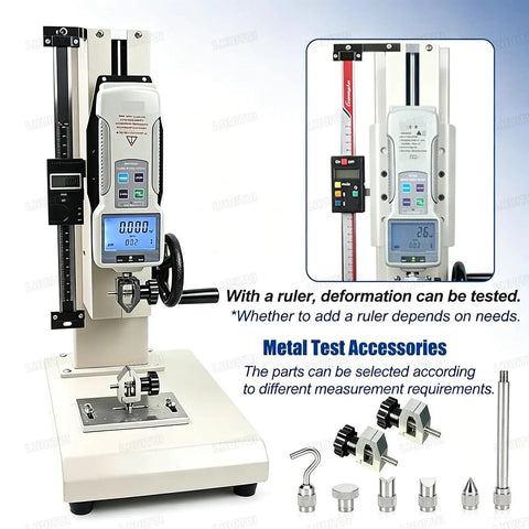 Straight Up Heavy Duty Digital Pull Force Tester And Manual Force Gauge Stand With 270 mm Stroke mounted with measurement accessories.