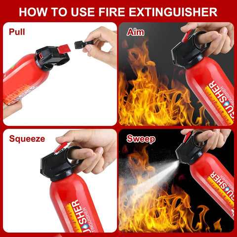 How to use Twelve Pack 21 Oz Water Based Mini Fire Extinguishers Class A B C K with steps: Pull, Aim, Squeeze, Sweep.