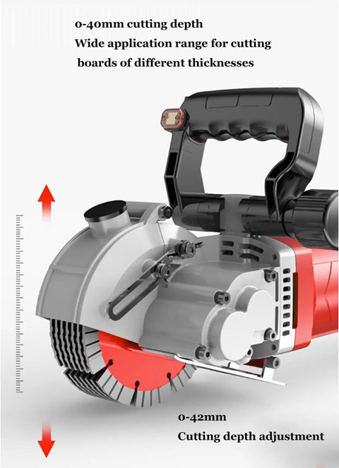 Heavy Duty Powerhouse Electric Wall Cutting Saw With Laser Aiming 5500W Concrete Chaser 6500RPM showing cutting depth adjustments.