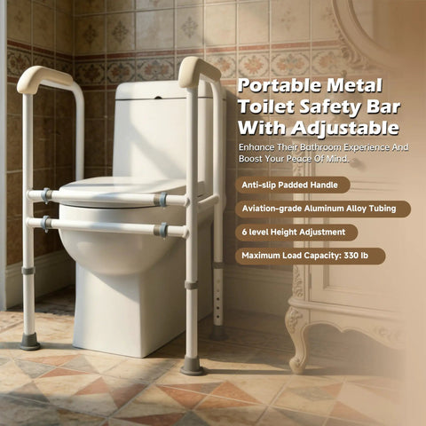 Foldable Toilet Safety Rails With Adjustable Stability Frame Built Damn Tough For Sit And Stand Mobility Real Deal Secure Support 300 Pound Weight Limit Hassle Free Universal Fit, metal toilet safety bar near toilet.