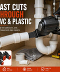 Fifty Piece Bimetal Oscillating Multi Tool Blades For Wood And Plastic Demolition Work Built Like A Tank Heavy Duty Replacement Saw Accessories cutting through PVC pipes in a bathroom repair.