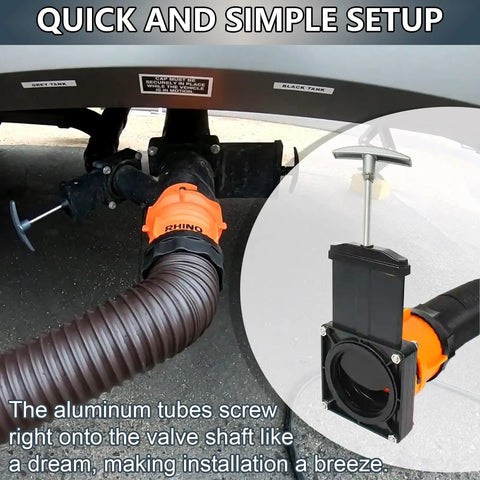 RV Waste Valve Handle Replacement Kit with universal fit and adjustable tube extensions installed, showcasing quick and simple setup.