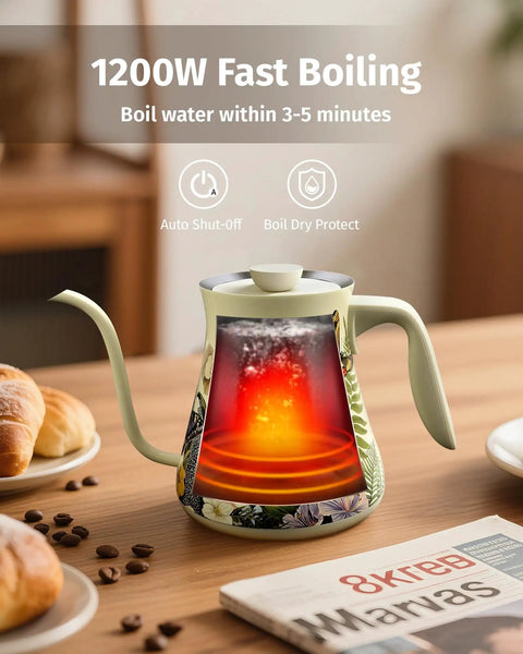 0.8L Gooseneck Electric Kettle With Precise Temperature Control For Pour Over Coffee And Tea, 1200W Fast Boiling, floral design