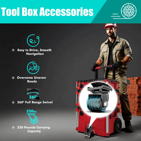 Upgraded Steel Front Caster Wheel Kit For Packout Tool Box With 220 Lbs Capacity Folding Design assembly displayed with toolbox