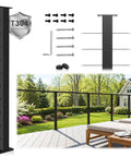 36 Inch Modular Swageless Cable Railing Post Crafted From Tough T304 Stainless Steel With A Fly Matte Black Coating, installed on a deck.