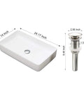 Vessel Sink and Pop Up Drain Kit, 24 By 14 Inch Rectangular Above Counter White Porcelain Ceramic Bathroom Vanity Basin