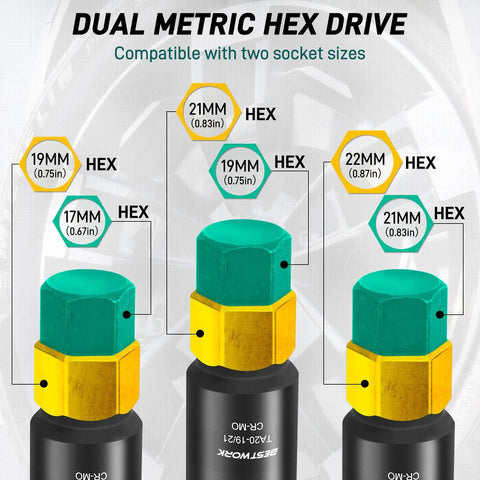 Heavy Hitter 10 Spline Lug Nut Socket Set 3 Piece deep well impact wrench with dual metric hex drive sizes.