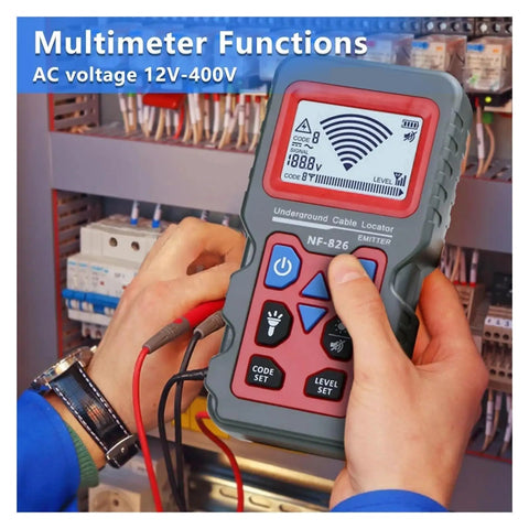 Heavy Duty Underground Cable Scanner And Wall Detector Using Smart Anti Interference Tech To Pinpoint Metal Studs Pipes And High Or Low Voltage Wires No Sweat For Pro Crews And Home Users in use, showcasing multimeter functions.