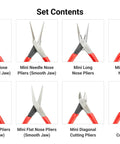Eight Piece Mini Pliers Set For Precision Electronics And Hobby Projects Including Needle Nose Long Nose Flat Nose End Cutting Pliers With Bent Nose And Smooth Jaw Options For Tight Space Work Handy Compact Tool Kit For Quick Fixes displaying each tool's design and jaw type with red handles.