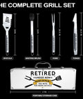 Heavy Duty Grillin Gift Set For Retired Men Dad Grandpa Boss Coworker Teacher BBQ Lovers Stainless Steel Grill Utensils With Non Slip Handles In A Durable Aluminum Carry Case displaying spatula, basting brush, fork, tongs, and storage case.