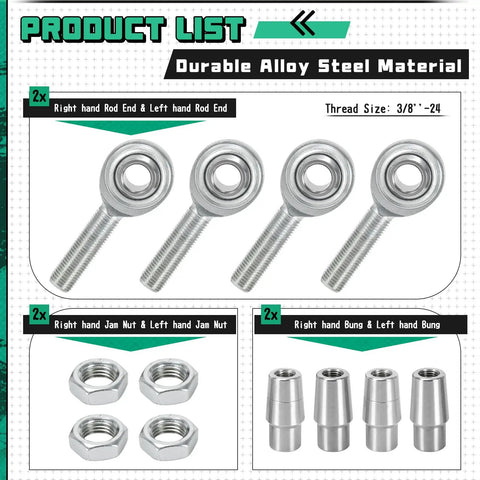 Badass 3/8 Inch 24 Thread Chromoly Heim Joint Rod End Kit components including rod ends, jam nuts, and bungs for precise steering.