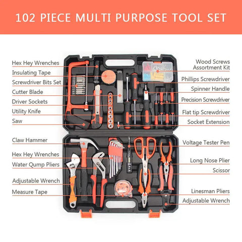 102 Piece Home Basic Tool Kit For DIYers Essential Household Tool Set with chrome plated wrenches in organized carry case