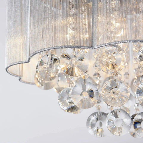 Close-up of Crystal Flush Mount Ceiling Light With White Fabric Shade, 12 Inch Modern Drum Fixture, showing crystal details