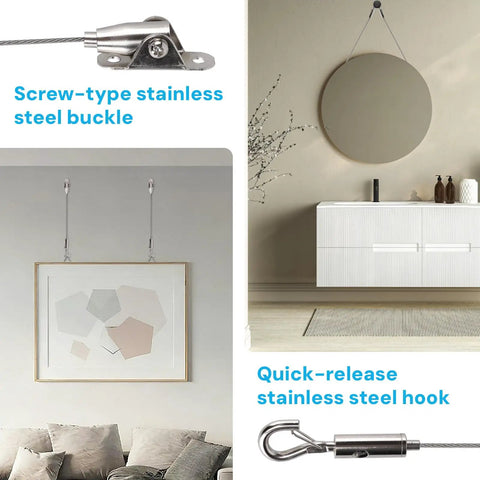 Heavy Duty Picture Hanging Kit With 1.5 Meter Adjustable Stainless Steel Cable And 6 Piece Wire Rope Suspension For Artwork Frames And Gallery Walls Built Tough With Rock Solid Grip showing screw-type stainless steel buckle and quick-release hook.