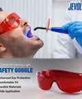 Premium Pro Grade Dental Laser Safety Goggles Blocking UV And Led Rays While Keeping Your Vision No Sweat Thanks To Tough Anti Fog Polycarbonate Shields And Snug Comfort Fit All Day, worn during teeth whitening.