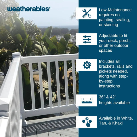 Premium White Vinyl Porch And Deck Railing Kit For Balconies Patios And Outdoors on a deck with tropical plants and ocean view.