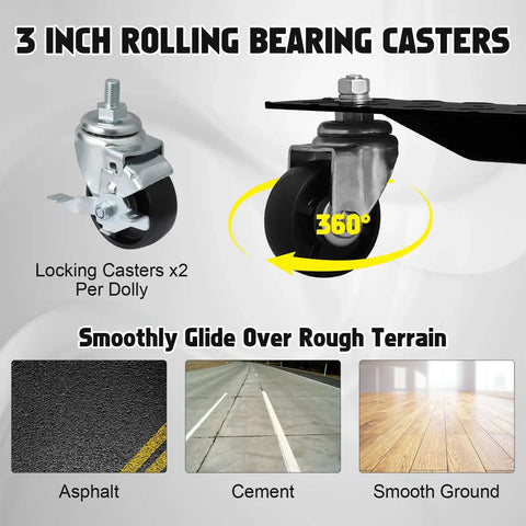 3 inch rolling bearing casters on wheel dolly; locking casters featured for smooth movement over various terrains; Set Of 4 Beast Mode Wheel Dollies Delivering 6000 Lbs Rock Solid Weight Capacity And Rust Resistant Finish To Roll Your Car Truck Suv Or Trailer Around The Shop Like Absolute Butter.