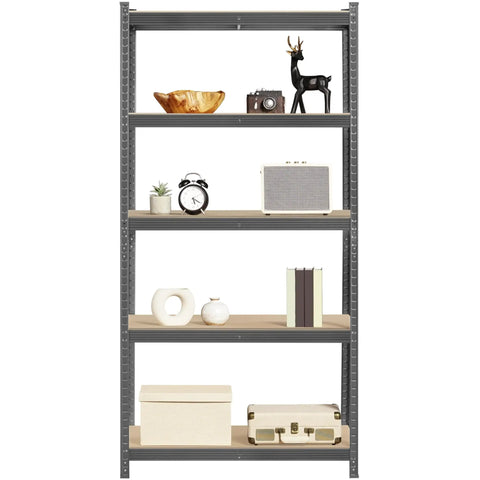 Top Shelf Five Tier Storage Rack Two Pack Hella Sturdy Adjustable Shelving Unit Flexible Utility Shelf For Garage Basement No Fuss Organization Sleek Dark Gray with decorative items.