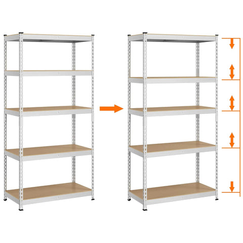 Built Like A Tank Five Tier Storage Shelf With Heavy Duty Iron Frame And Solid Wood Boards Silver Finish, adjustable shelves for storage.