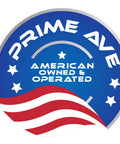 Blue and red Prime Ave badge with stars and American flag, "American Owned & Operated" text