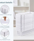 Eighteen Pack Slick Slim Plastic Baskets For Narrow Drawer Setup, stackable white bins showing hollow-out design for easy portability.