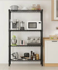 Heavy Duty Hella Sturdy Four Tier Metal Wire Shelving Unit With Adjustable Shelf Levels Badass Black Steel Storage Rack with kitchen appliances.