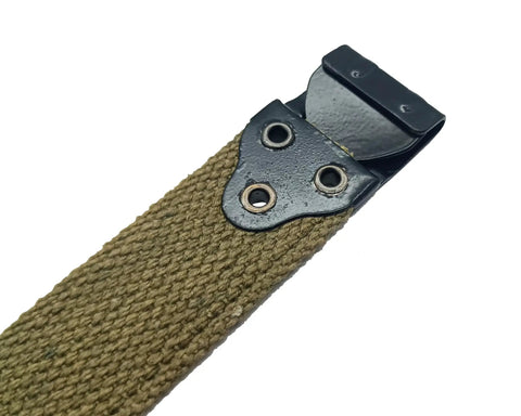 Close-up of Khaki Thompson Kerr Rifle Sling US World War I Canvas Gun Strap for M1903 Springfield, steel fittings visible