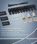 Heavy Duty One Zero Gauge True Spec OFC Wiring Kit For Big Three Audio Upgrade featuring ten black nylon cable clamps and accessories.