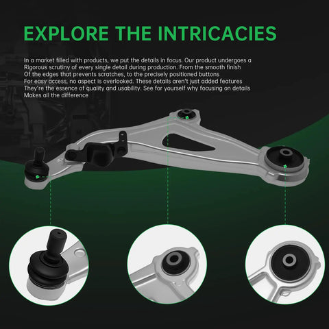 Solid Construction 10 Piece Front End Suspension Kit With Lower Control Arms Ball Joints Sway Bar Links And Tie Rod Ends For 2013 To 2020 Nissan Pathfinder close-up detail of lower control arm with bushings