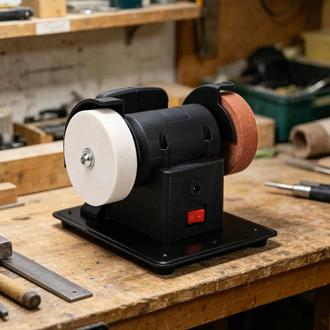 Cordless mini bench grinder with coarse and fine grind wheels on workbench for quick metal polishing and sharpening tasks.
