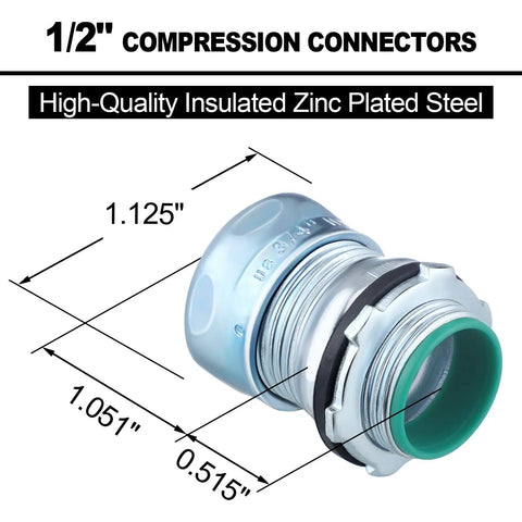 Kickass 10 Pack 1/2 Inch EMT Raintight Compression Connectors showing dimensions and zinc plated steel design for reliable wiring.
