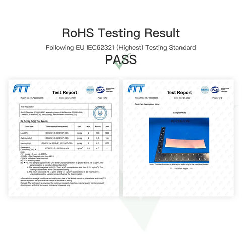 RoHS compliance test result for Pro Grade Copper Flashing Roll 99.95 Percent Pure, showing passed certification for EU IEC62321.