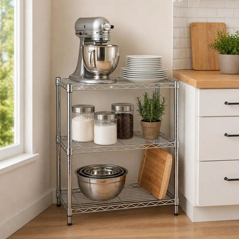 Heavy Duty 3 Tier Adjustable Wire Shelving Unit Slick Chrome Steel Storage Rack For Kitchen with mixer and glass jars