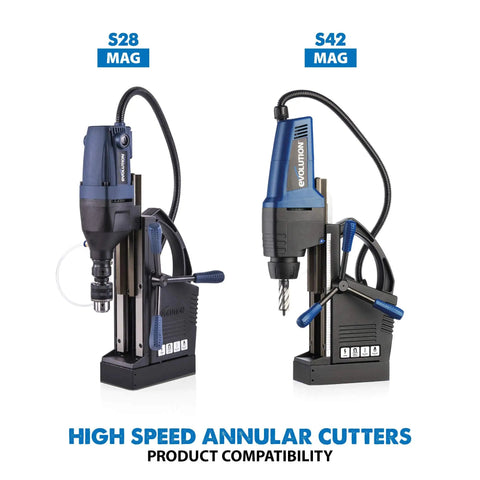 Cyclone Carbide Tipped Annular Cutter, 15/16 Inch Diameter, 3 Inch Depth Of Cut displayed with two magnetic drill presses.
