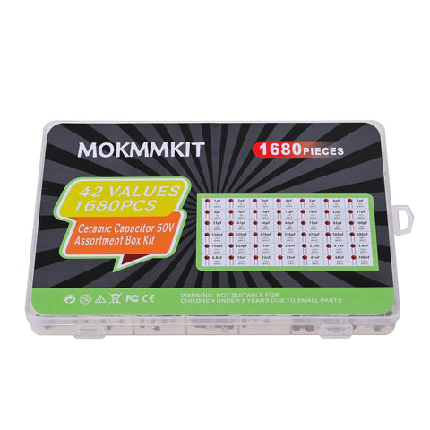 Badass Ceramic Capacitor Assortment Kit Loaded With Forty Two Values Containing 1680 Pieces Spanning 1pF Through 100nF At 50V kit in clear storage box showing values.