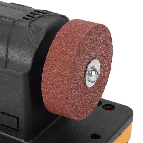 Close-up of Hardcore Cordless Mini Bench Grinder with all copper motor and dual grinding wheel for metal prep
