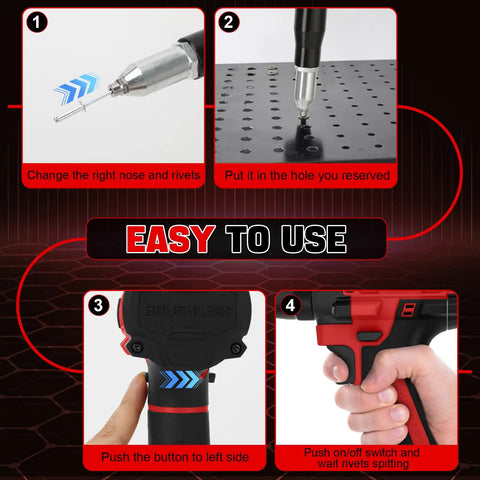 Step-by-step guide for using Heavy Duty Cordless Rivet Gun With Brushless Motor And Serious Torque Handles Stubborn Fasteners No Sweat Keeps Auto Repair Tight And Efficient Runs Smooth With Milwaukee 18V Batteries Snappy Tool Only.