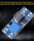 DC To DC Boost Converter Module With Adjustable Output 2V To 28V, 2 Amp High Efficiency Power Supply For Battery Projects And DIY Gadgets, Solar And Camping Gear, Tiny 36 By 17 By 14 Mm, blue PCB with inductor