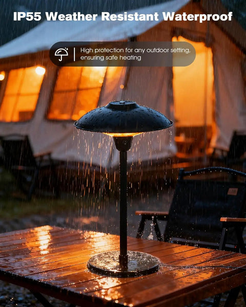 Infrared 1500W Patio Heater For Indoor Outdoor Use With Tabletop Switch IP55 Waterproof on outdoor table in rain